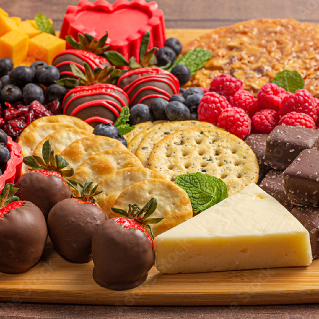 A gathering of various snacks, fruits, berries, cheeses, chocolates, and crackers on a wood board